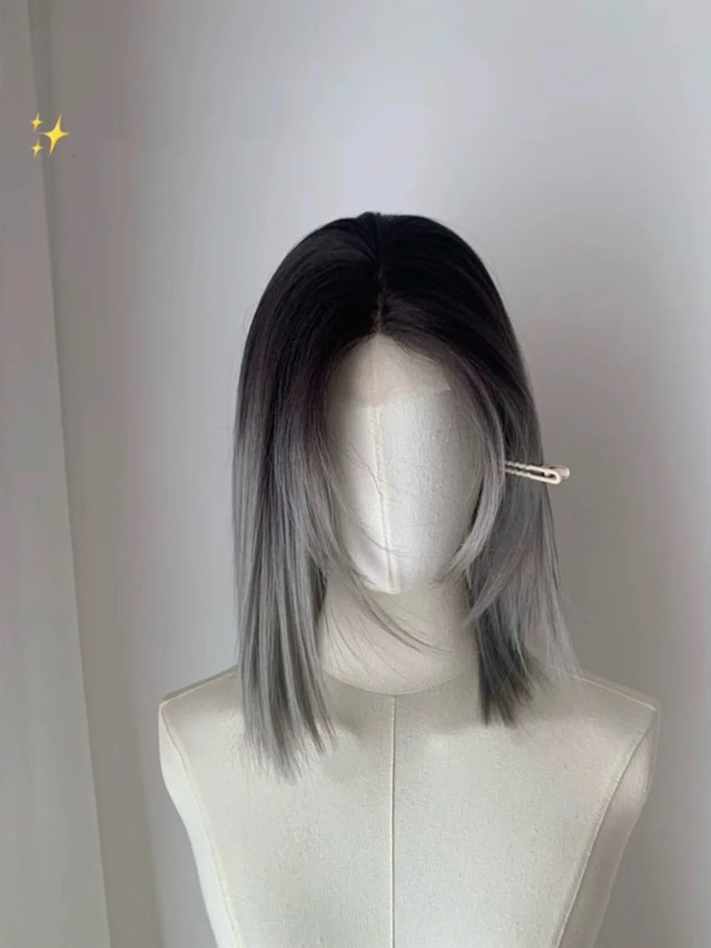 Heat Resistant Synthetic Black to Silver Ombre Wig 12”